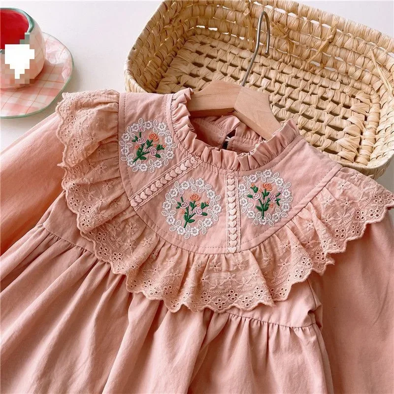 Autumn Little Girls Flower Embroidered Casual Dress Baby Girls Cotton Toddler Long Sleeve Princess Dress Kids Toddler Clothes