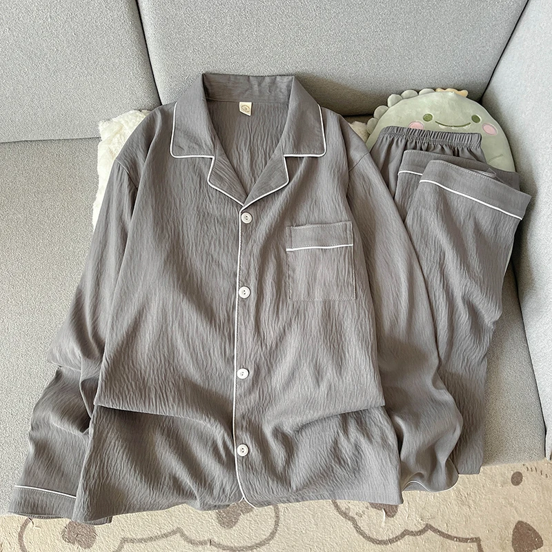 Spring and Autumn Men's Pajamas Set Plus Size Lapel Neck Long Sleeve Sleepwear Casual Soft Oversized Nightwear Solid Simple