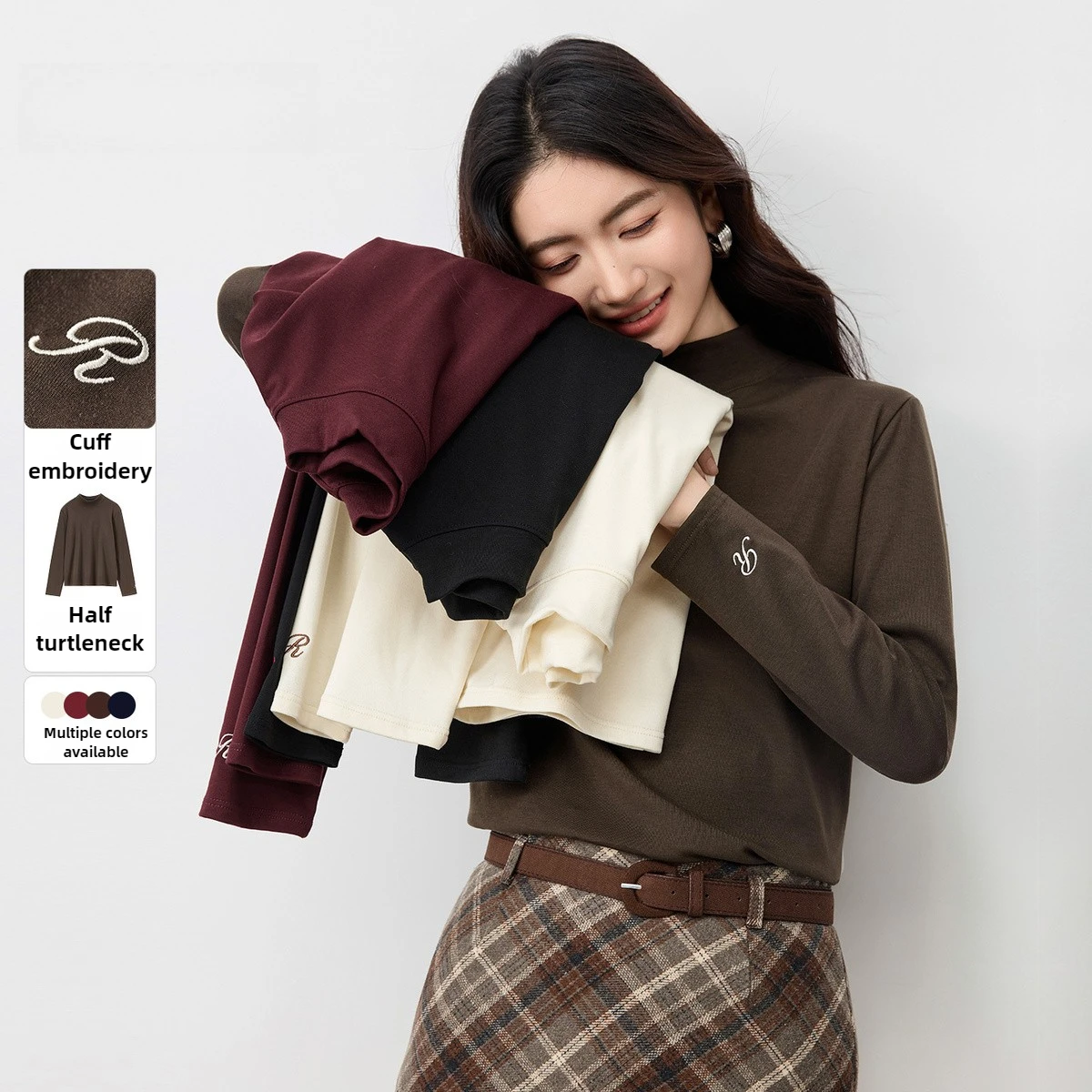 SENTUBILA Long Sleeve Tops for Women T-shirt 2026 Autumn Winter Thermal Thickened Letter Embroidery Slim Fit Top W54SF3966