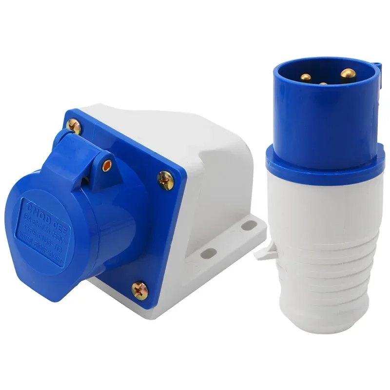 1Set 16 Amp 3 Pin Industrial Plug+Socket 220-250V Weatherproof IP44 2P+E 3Phase 16A