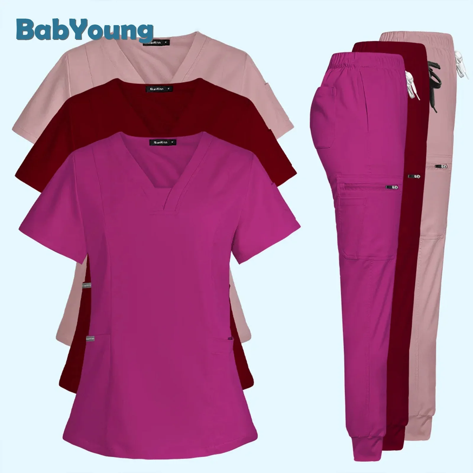 High Quality Wholesale Operating Room Medical Uniform Set Short Sleeve Nurse Nursing Accessories Tops Pants Elastic Scrubs Suit