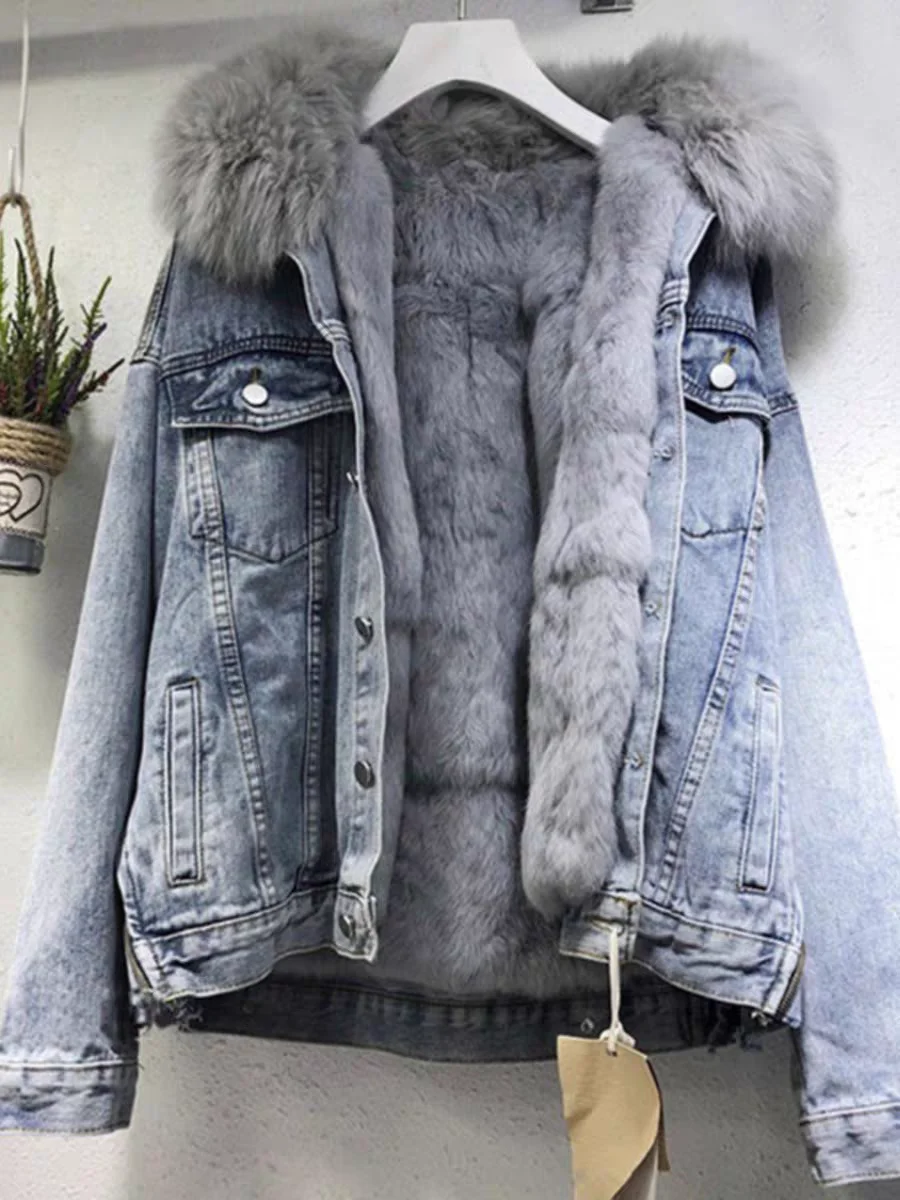 

Denim Coats With Rhinestone Woman Fur Plush Womens Winter Slimming Hooded Lined Grunge Festival Urban Social Gathering Jackets