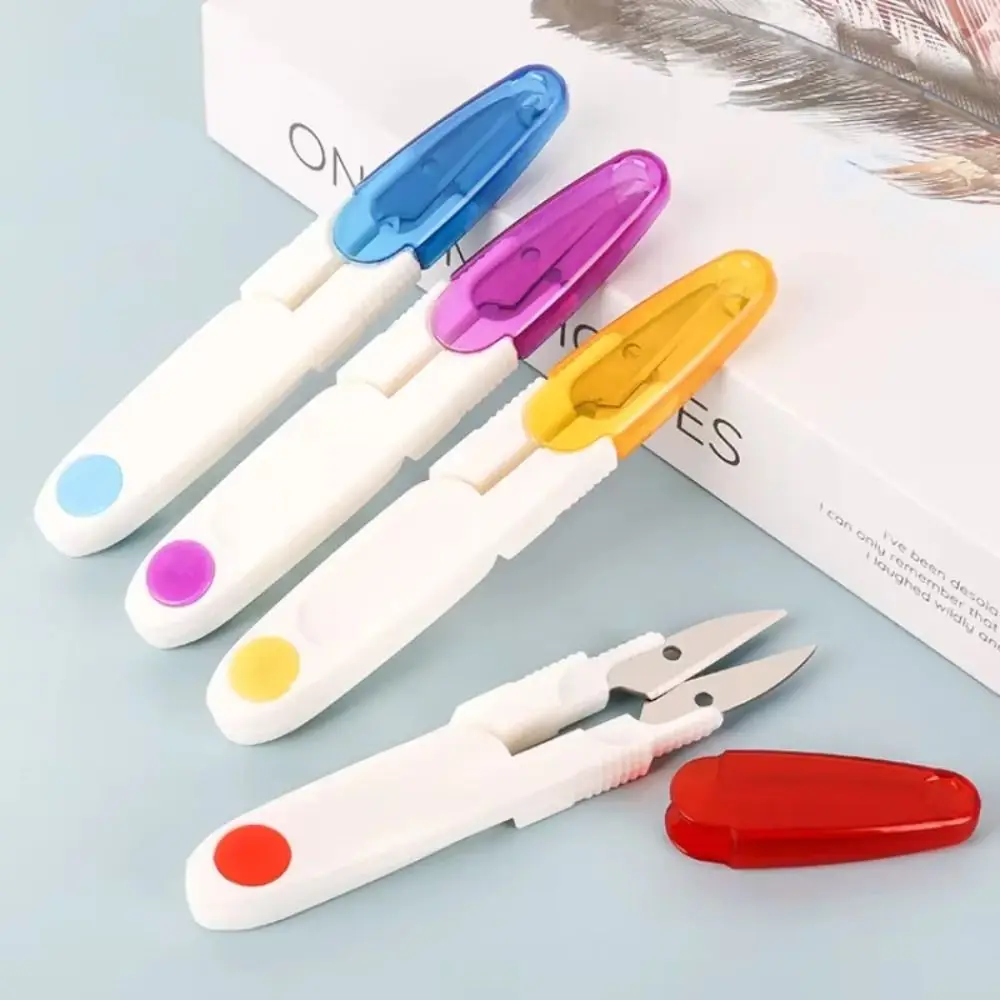 4PCS Plastic Metal Fishing Line Scissors 5 Colors U-shaped Sewing Scissors Sharp With Cover Sewing Tackle Household Office