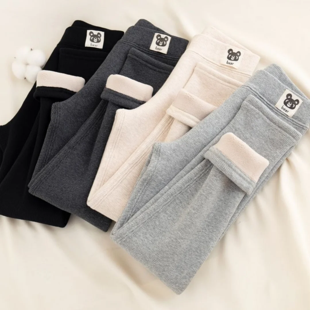 2-10Y Fleece Girls Leggings with Bear Label Kids Pants Warm Girls Autumn Clothes Warm Children's Trousers Slim Kids Leggings