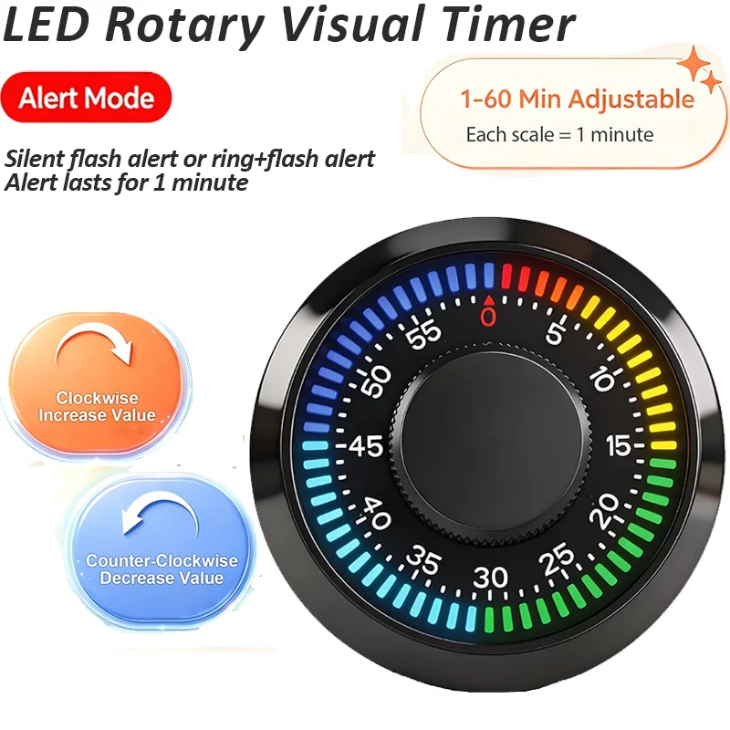 Magnetic Rotary Visual Timer 60 Minutes LED Color Ring Silent Timer 3 Countdown Alert Time Manager For Study Kitchen Fitness