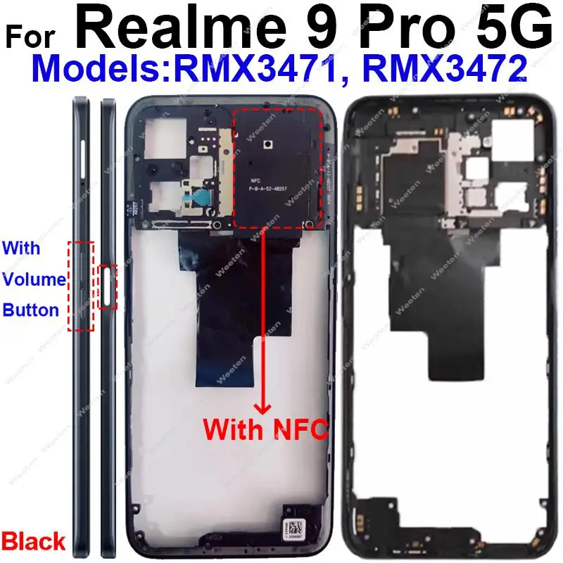 Middle Frame For Realme 9 Pro RMX3471 RMX3472 Back Cover Battery Door Housing Bezel with Side Button with Graphite Paper Parts