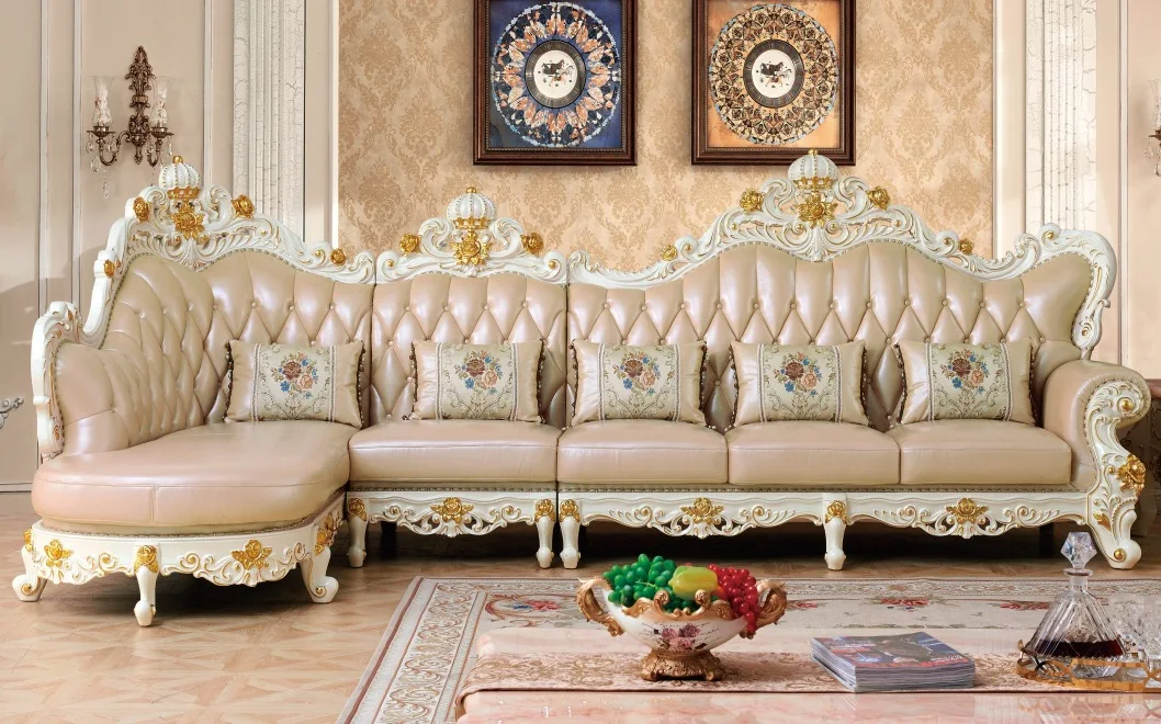 European leather sofa, living room corner gold solid wood carving flower L-shaped sofa