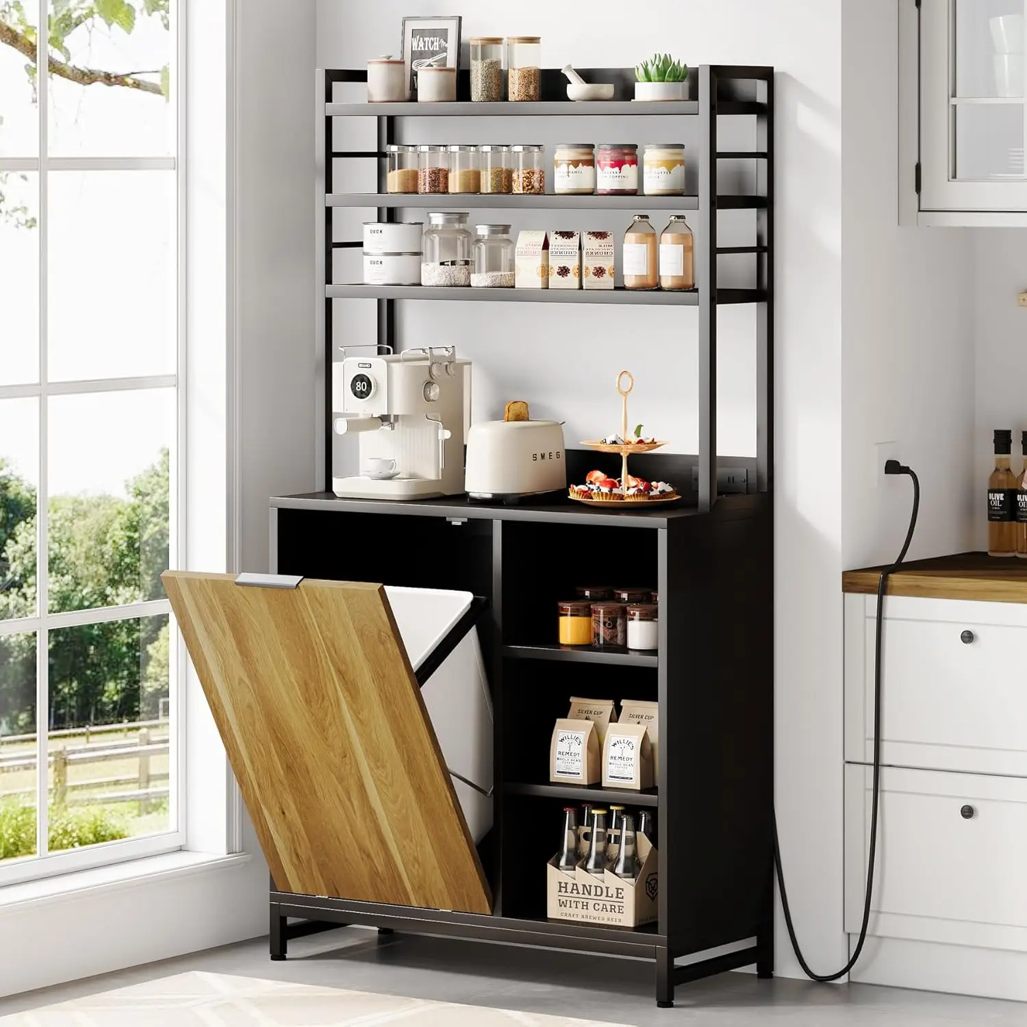 

Tilt Out Trash Can Cabinet, 67" Kitchen Pantry Storage Cabinet, Bakers Rack Microwave Stand with Power Outlet, Customized