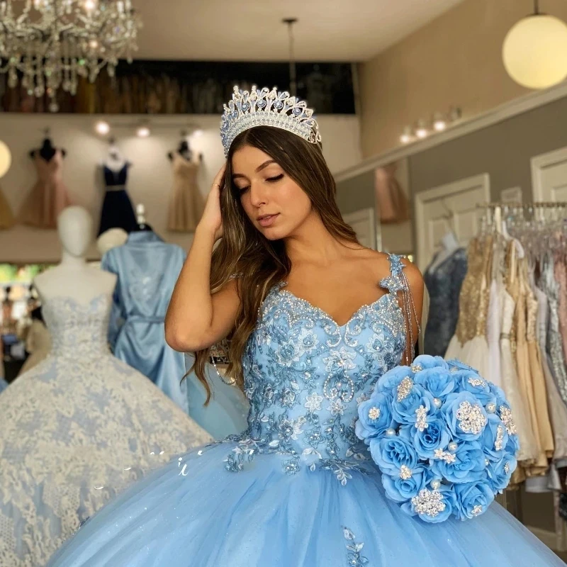 Sky Blue Off Shoulder Quinceanera Dress Prom Dress Floral Applique Princess Dress Lace Beads Tull Sweet 15 Year Old Party Dress