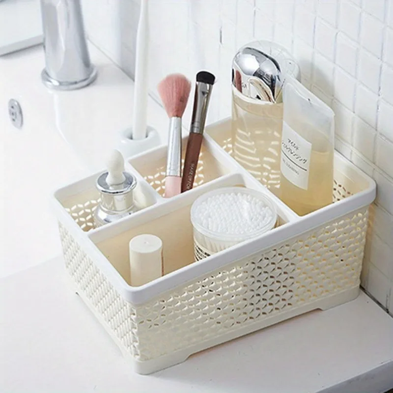 Morandi Style Plastic Desktop Organizer with 4 Compartments - A Roomy Hollow Storage Box for Cosmetics, Office Items