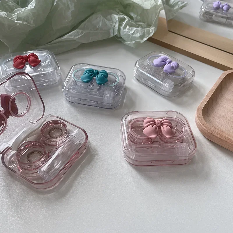 Pink Cute Bows Transparent Contact Len Case Cosmetic Contact Lense Box Female Cute Clear Portable Small Storage Len Box Portable