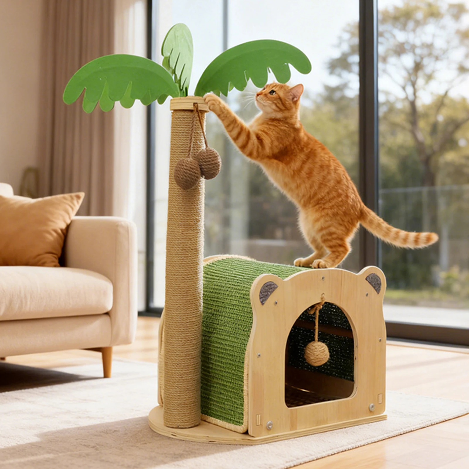 

Деревянный кошачий домик-когтеточка с кокосовой пальмой и подвесными шариками для домашних кошек и котят