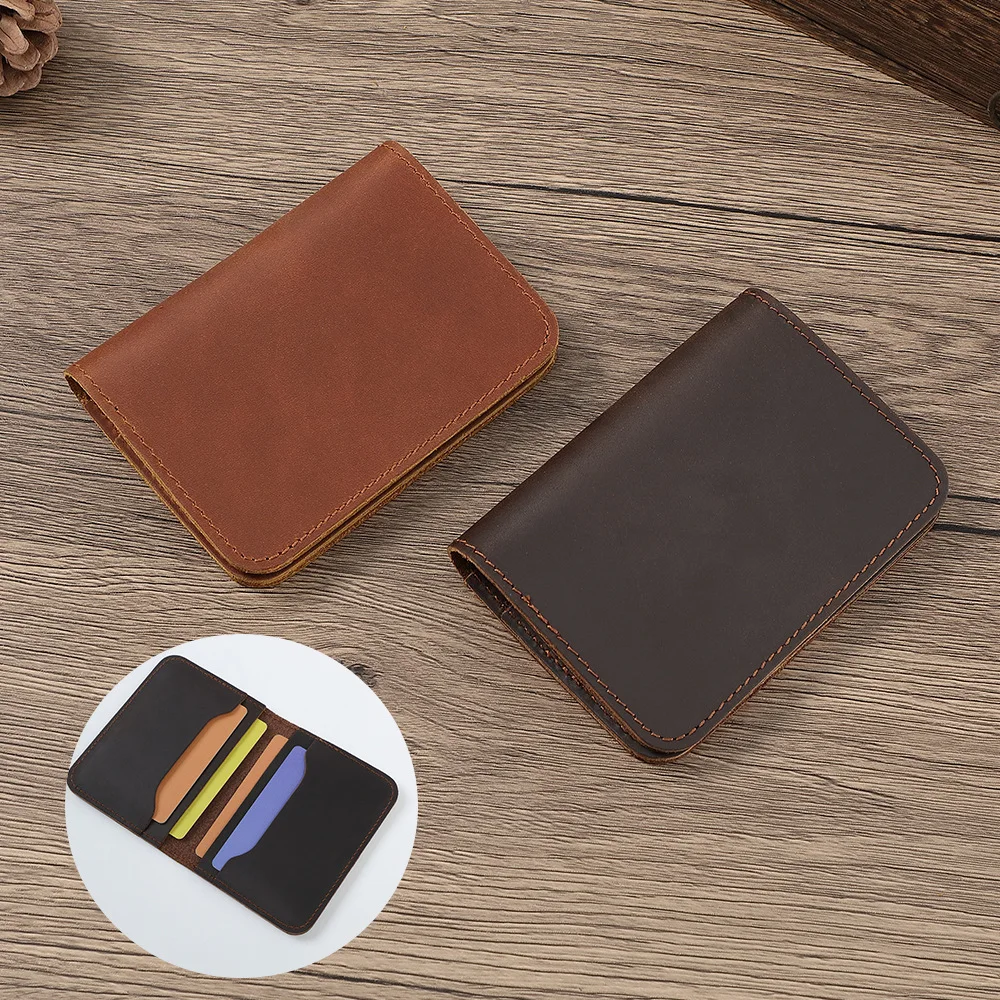 

Vintage Crazy Horse Leather Card Holder, Slim 4-Card Slot Minimalist Wallet, Genuine Full Grain Cowhide RFID Blocking Pocket Car