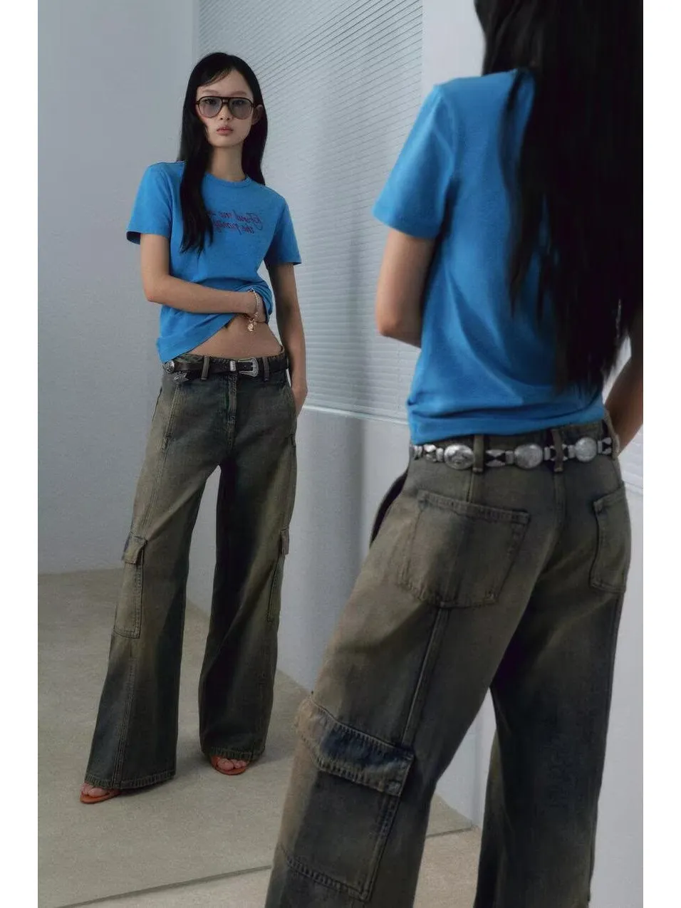 Slimming Effect Casual Mid-Waist Workwear Jeans New Autumn Women's Fashion Pocket Versatile Blue Denim High Waist Wide Leg Pants