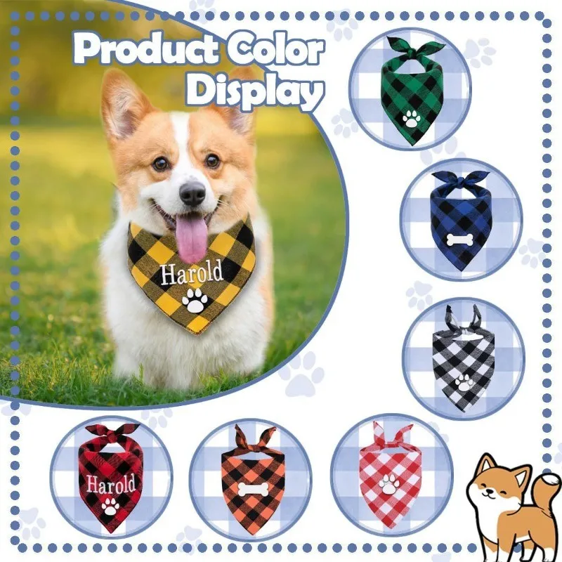 Embroidery Name Dog Bandana Custom Pet Scarf Bandana For Dog Cotton Plaid Washable Bow Tie Collar Cat Puppy Triangular Scarf Bib view 4