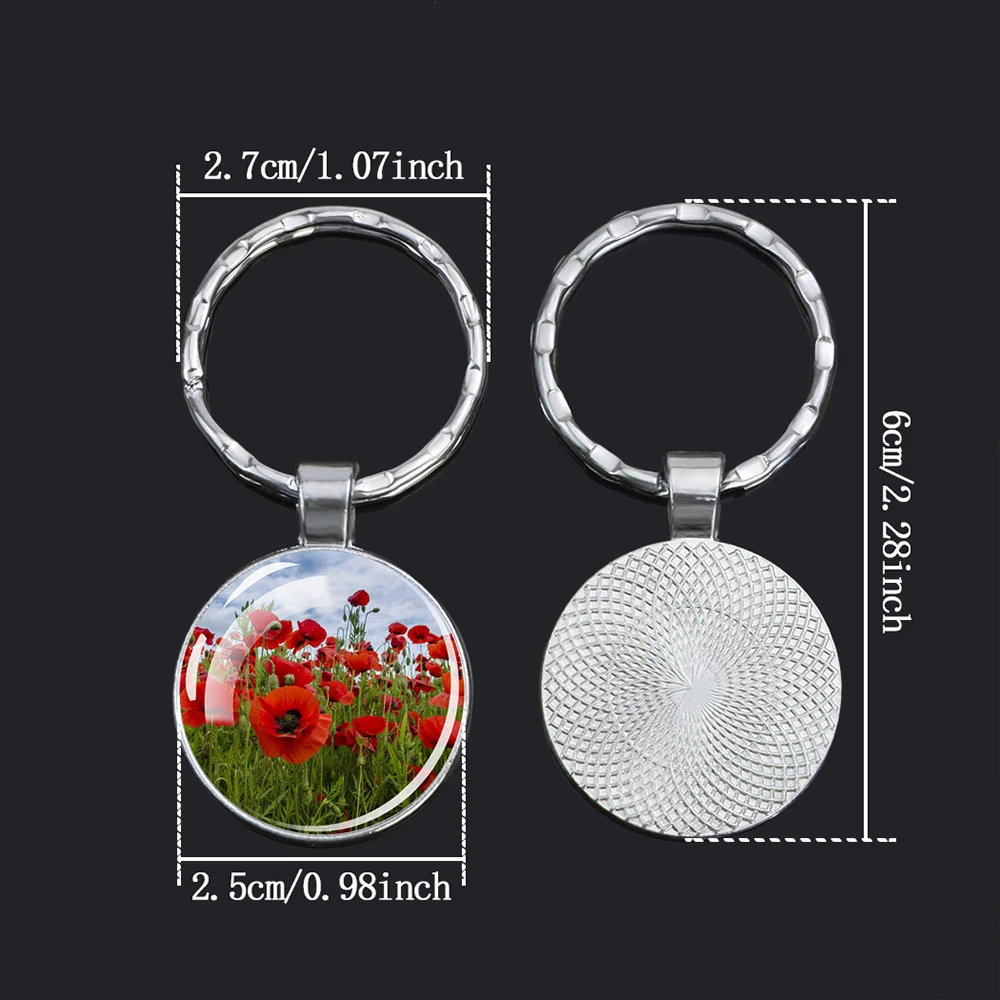 Poppy Keychains Poppy Flower Glass Dome Pendant Key Chain for Women Men Natural Plants Jewelry Keyring Gift