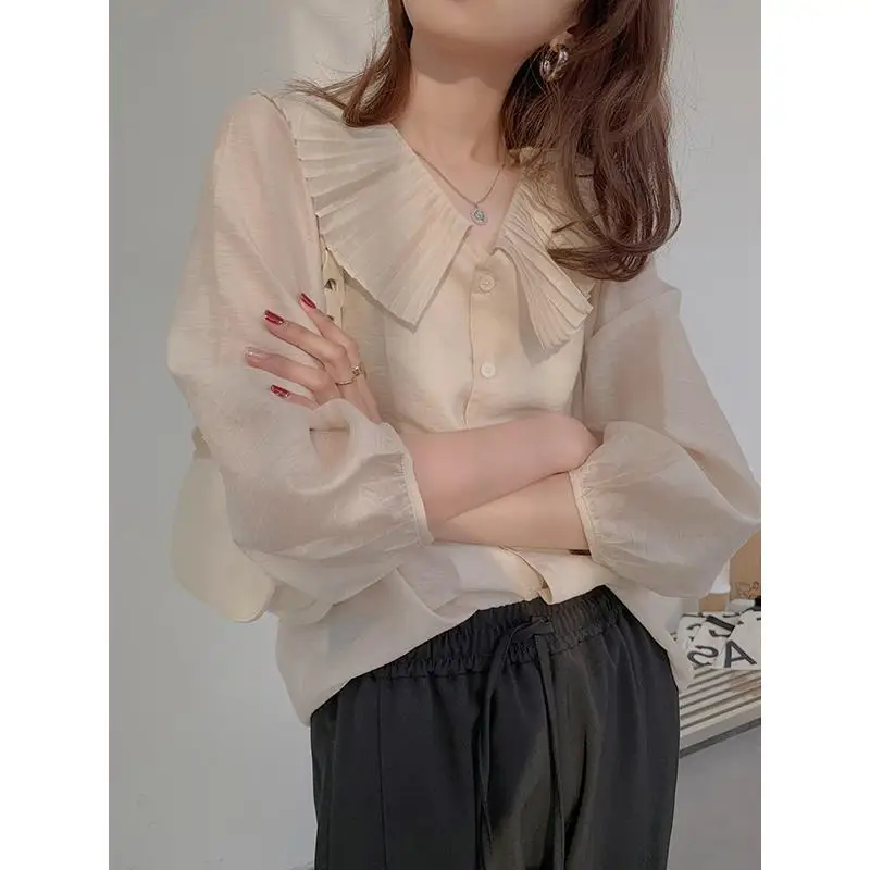 2024 Summer Women\'s New Patchwork Peter Pan Collar Button Fashion Casual Solid Puff Sleeve Loose Long Sleeve Blouses Shirts