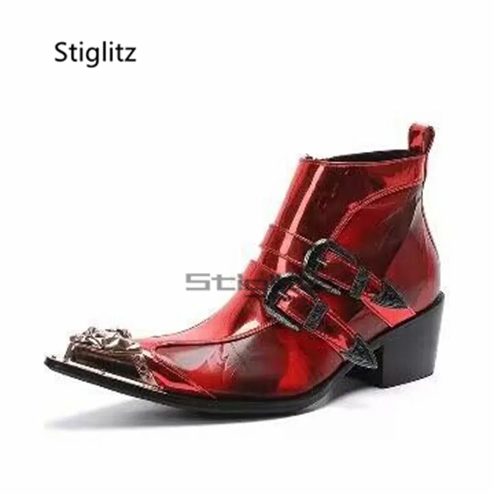 

Мужские ботинки челси с красной пряжкой, на высоком каблуке, из натуральной кожи, с металлическим острым носком, в стиле пэчворк, свадебные туфли для мужчин