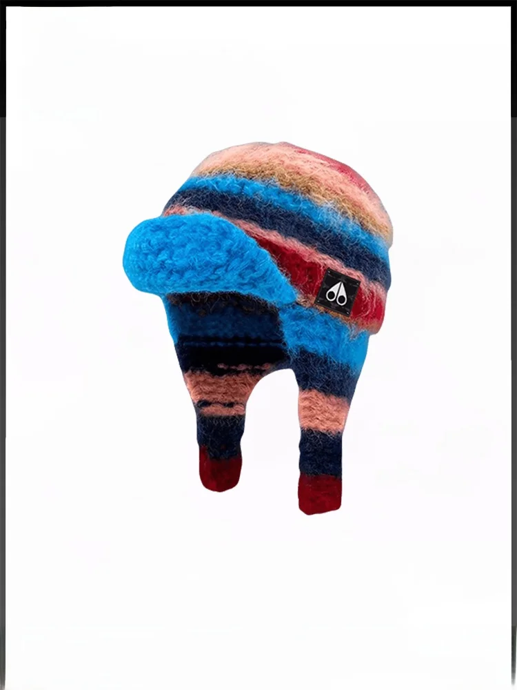 ムースキングシップレトロドープカラーストライプ毛皮のような耳保護帽子女性の冬のはさみパターンぬいぐるみキャップスタイリッシュな秋のアクセサリー
