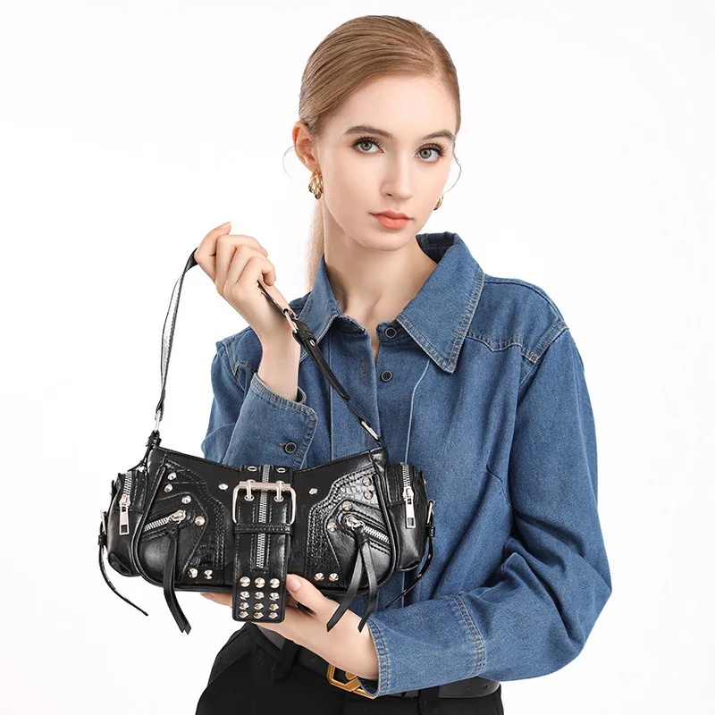 Retro Fashion Women's Handbag Niche Design Spicy Girl Y2k Single Shoulder Bag Commuting Large Capacity Crossbody Motorcycle Bag