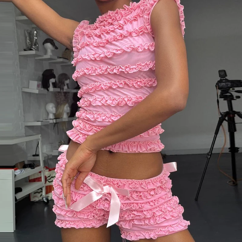 

Y2k 2000s Cute Retro Outfits Kawaii Frill Trim Short Set E-girl Cyber Grunge Backless Tie Up Cropped Tank Tops + Low Rise Shorts