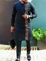 Men's casual black and gold print two-piece set