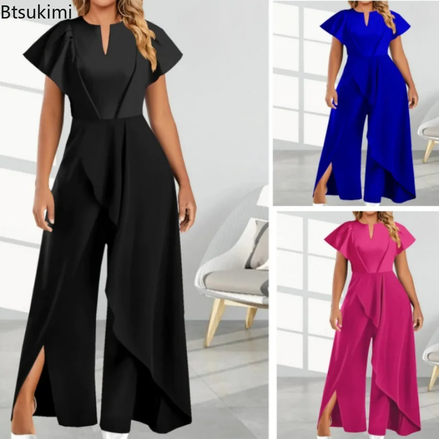 

2024 Women's Spring Summer Short Sleeve Elegant Jumpsuits Solid V-Neck Irregular Streetwear Wide Leg Playsuits Overalls Outfits