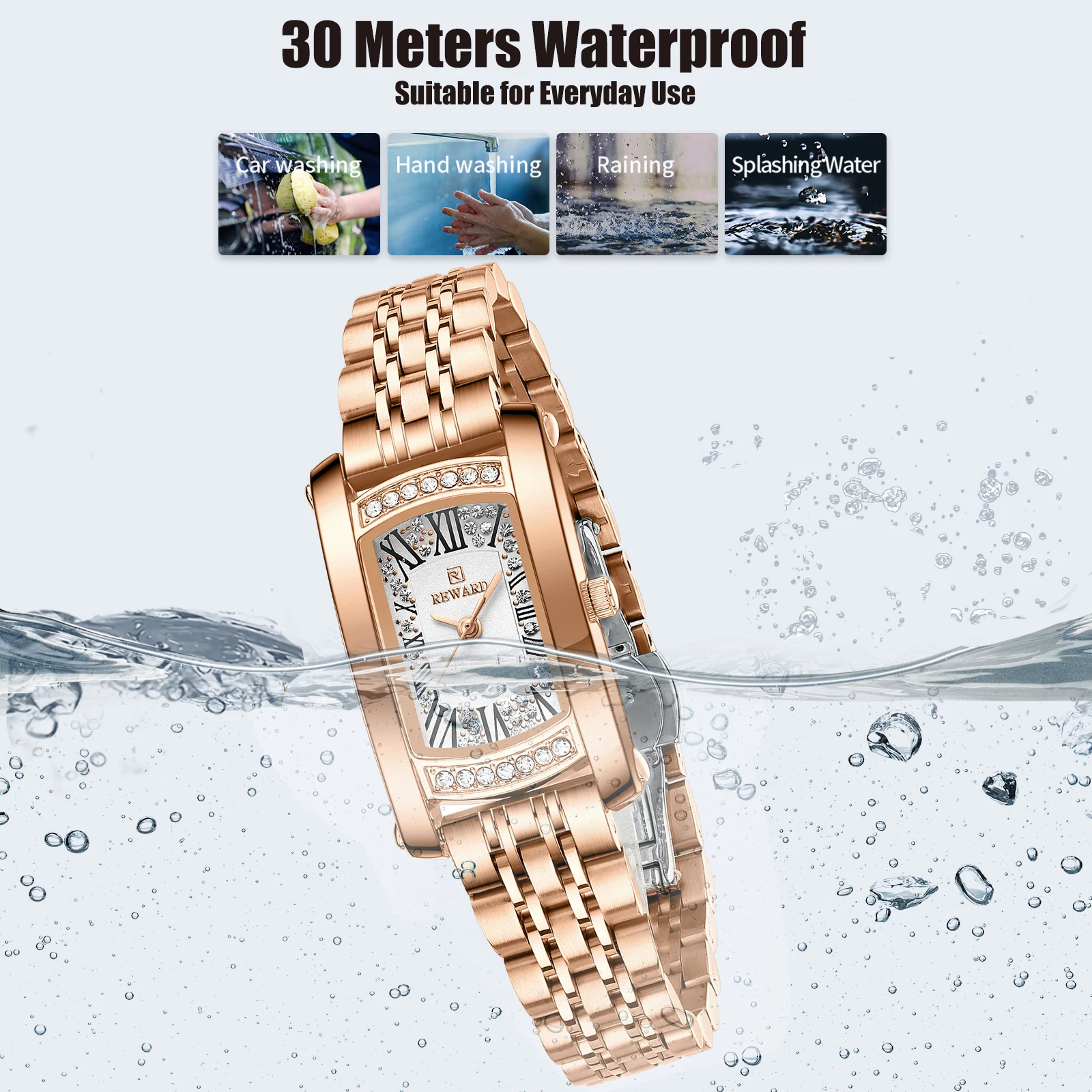 REWARD Rose Gold Quartz Watch for Girl Waterproof Luminous Diamond Women Watch for Ladies Fashion Clock view 6