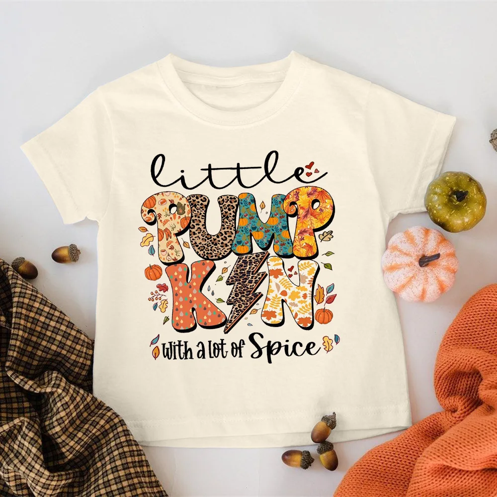 

Little Pumpkin with A Lot Od Spice Print Kid Shirt Boys Girls Thanksgiving Halloween Outfit T-shirt Child Retro Short Sleeve Tee