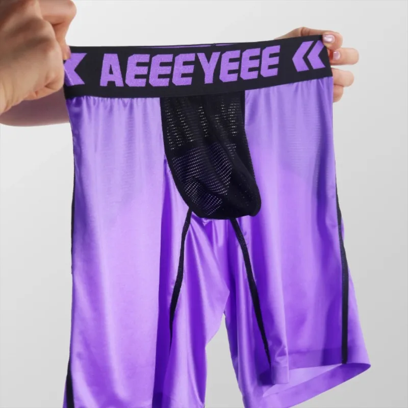Sexy Mens Long Boxer Ice Silk Sports Underwear Shapewear U Convex Pouch Shorts Breathable Male Tight-fitting Swimming Trunks