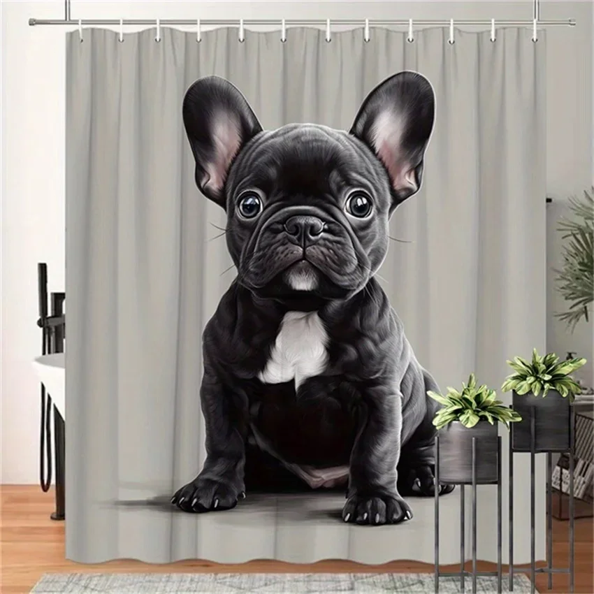 

Cute French Bulldog Shower Curtain - Playful Puppies Hanging on Green Walls for Living Room and Bedroom Decoration - Pet Style