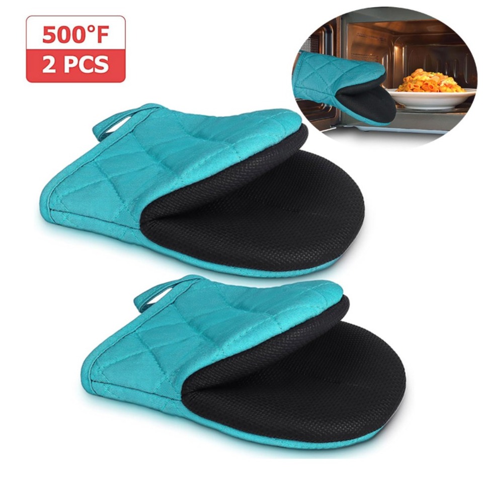 1 Pair Kitchen Oven Gloves High Heat Resistant Short Oven Mitts with Non-Slip Grip Surfaces and Hanging for BBQ Baking Cooking
