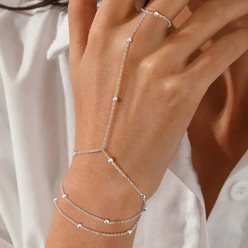Fashion Thin Chain Connected Finger Ring Bracelets for Women Vintage Multilayer Beads Link Bangles Elegant Jewelry Gifts