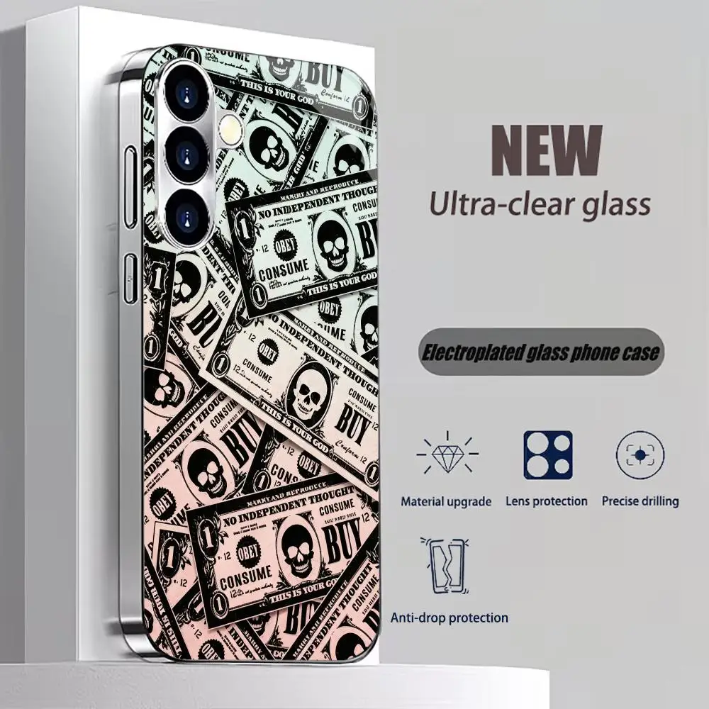 Skull Dollar Bill Print Fashion trend Glass TPU phone case for Samsung Galaxy S26 S25 S24 S23 S22 S21FE,Ultra,Plus Dropresistant