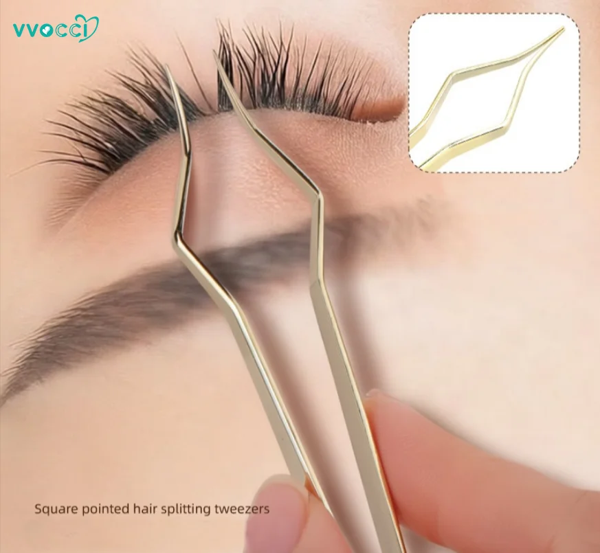 vvocci Antistatische Edelstahl-Pinzette, hochpräzise, goldfarben, gebogen, gerade, für Wimpern, Fächerwimpern, Augenbrauen, Nagelkunst, Make-up-Werkzeuge