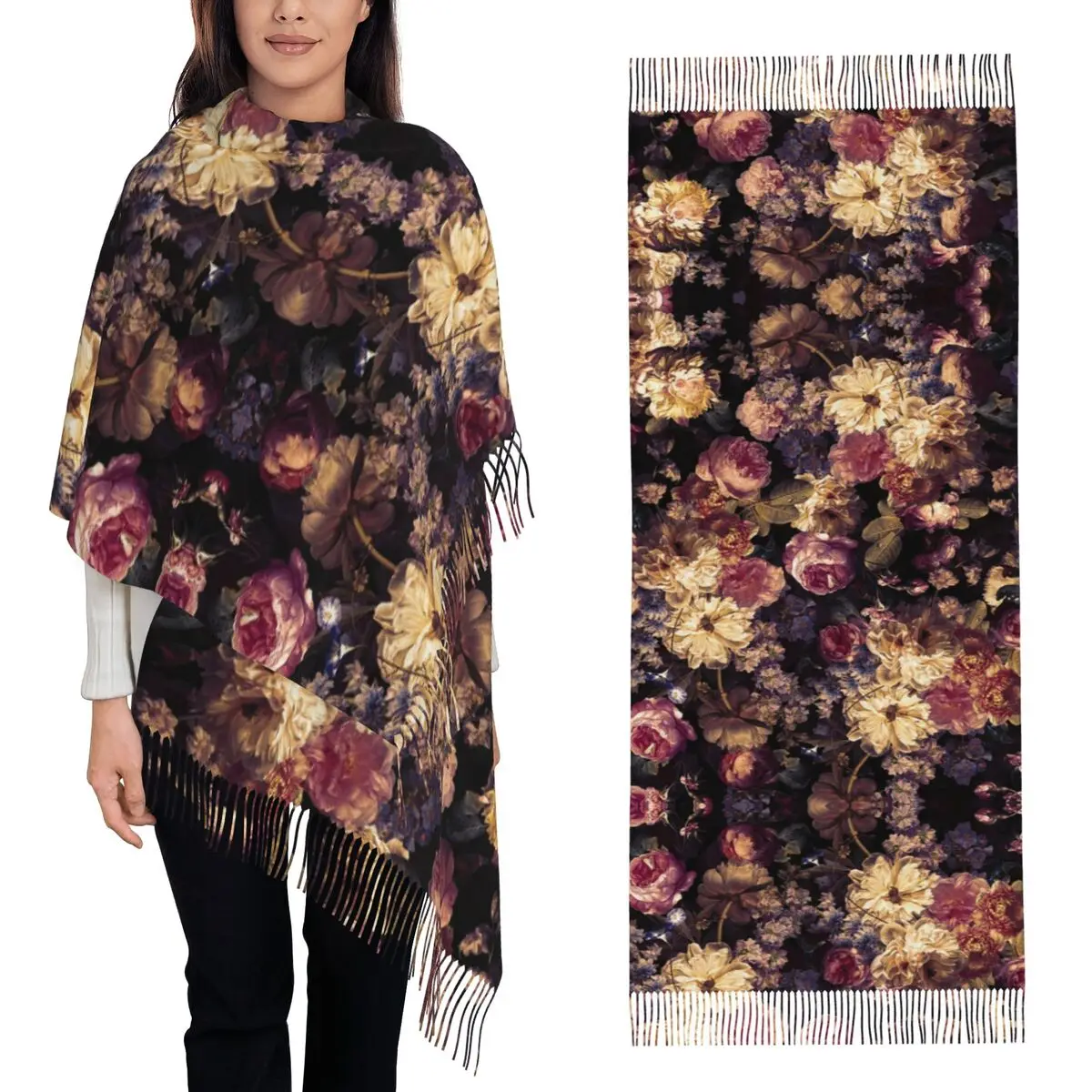 Rococo Style Luxury Floral Scarf Tassel Scarves Women Soft Warm Shawls and Wraps Long Fall Winter Shawl Wrap