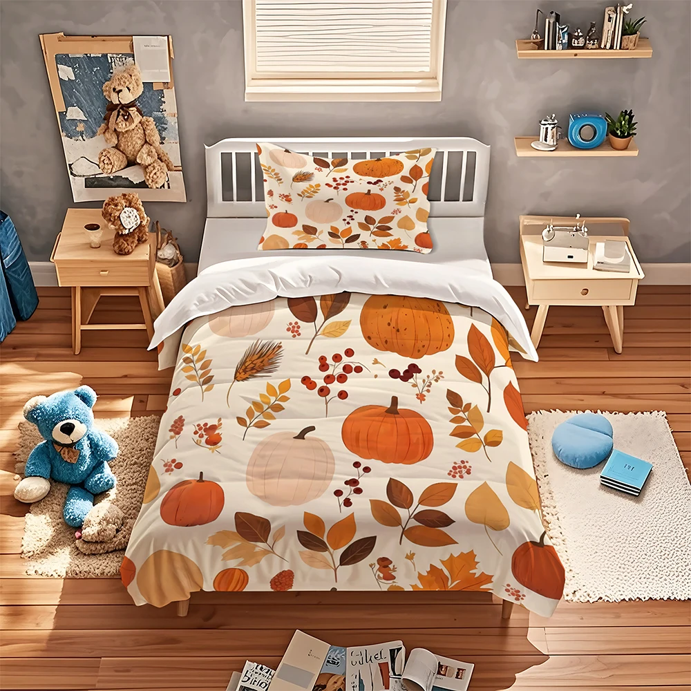 Autumn Pumpkin Duvet Cover Set Fall Maple Leaf Berry Print Bedding Set Harvest Thanksgiving Decor Quilt Cover With Pillowcase