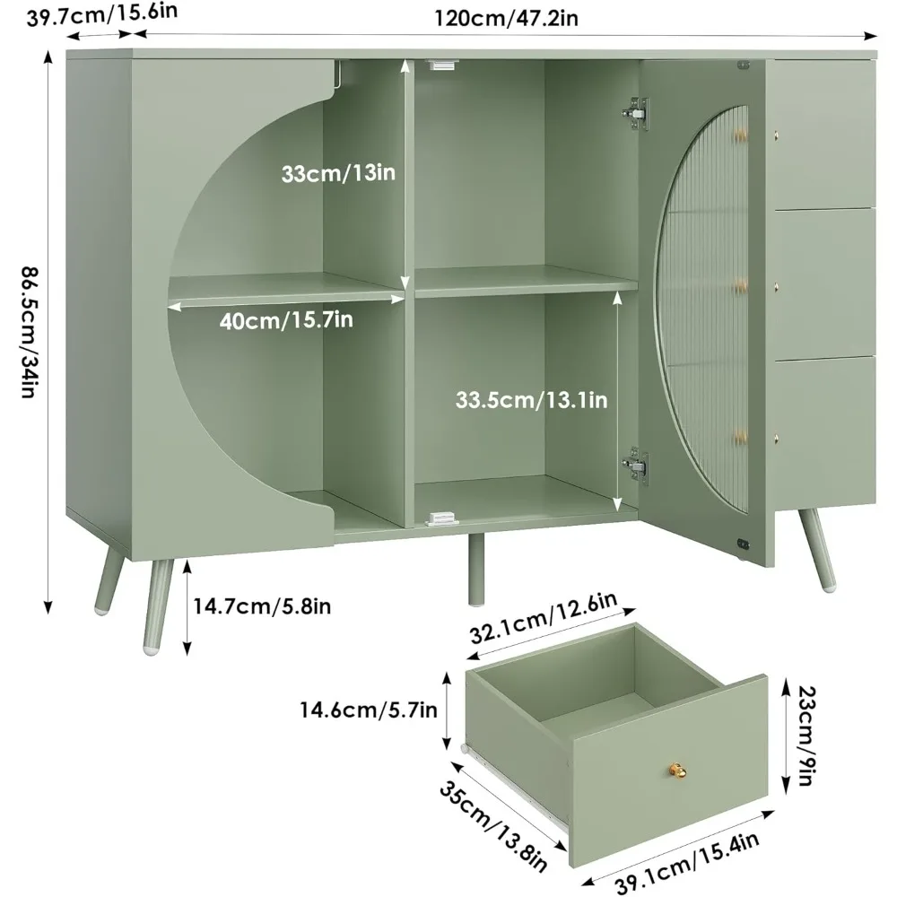 Armoire à café avec porte en verre cannelé, buffet et planches de style crème moderne avec verre à vin T1