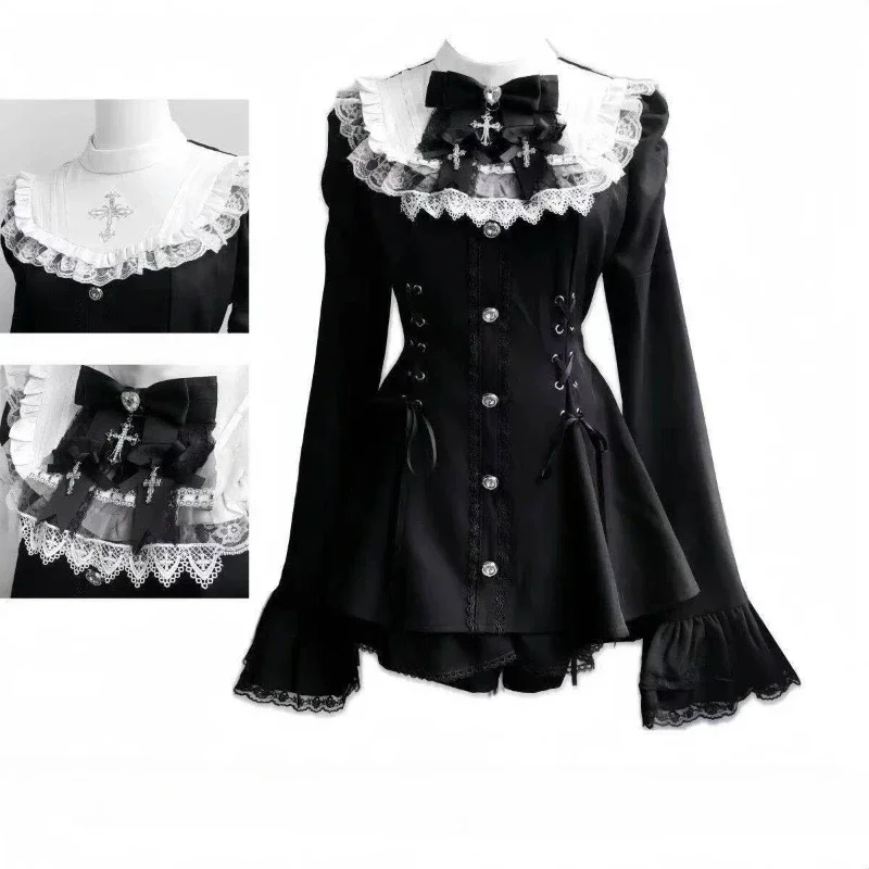 Gothic Lolita Two Piece Set with Bow, Y2K Aesthetic Flare Sleeve Mini Dress, Japanese Punk Style Party Co-ord Outfit
