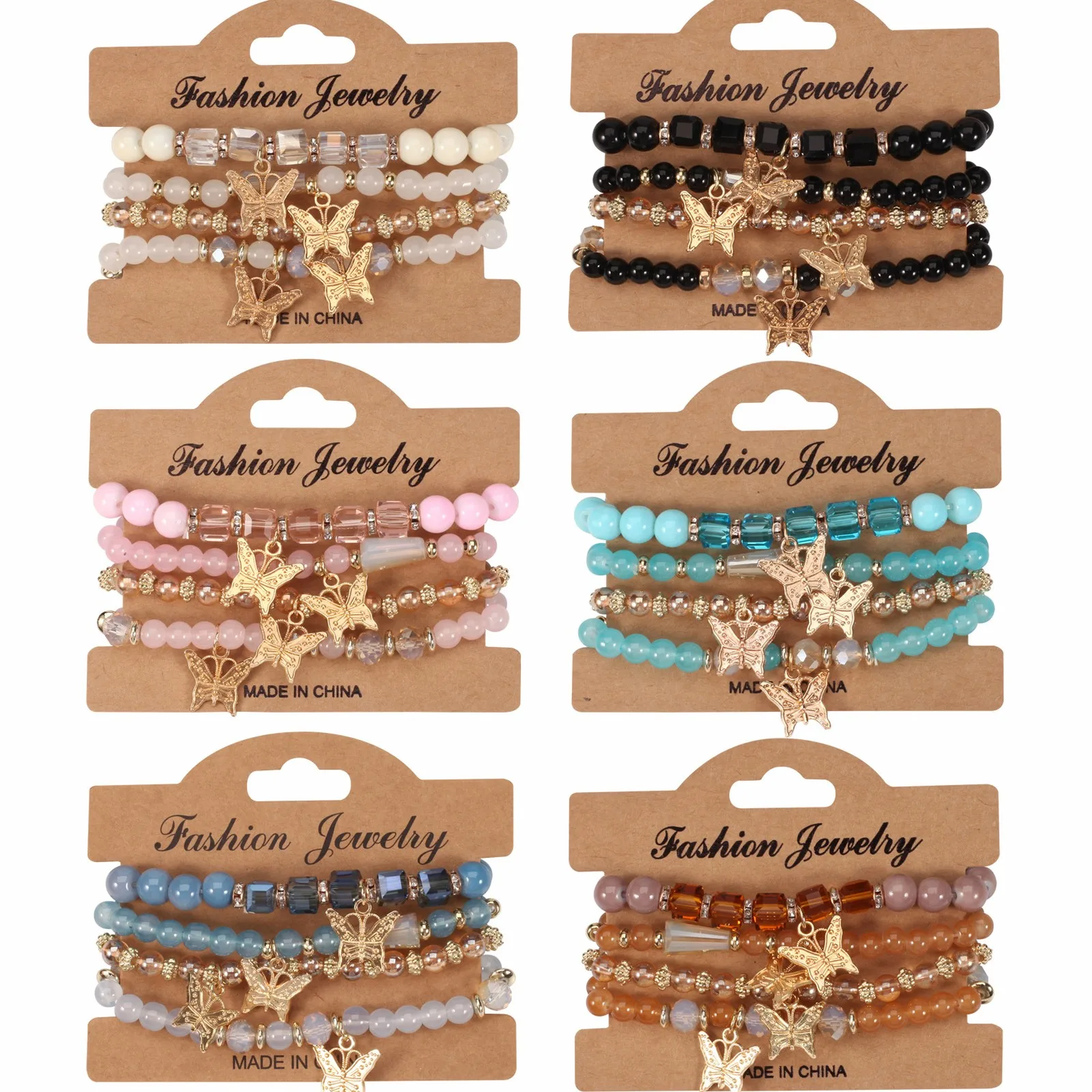 Bohemian Multi-Layer Butterfly Pendant Handmade Beaded Bracelets 4 Pieces Set Crystal Glass Rhinestone Jewelry Gift For Women