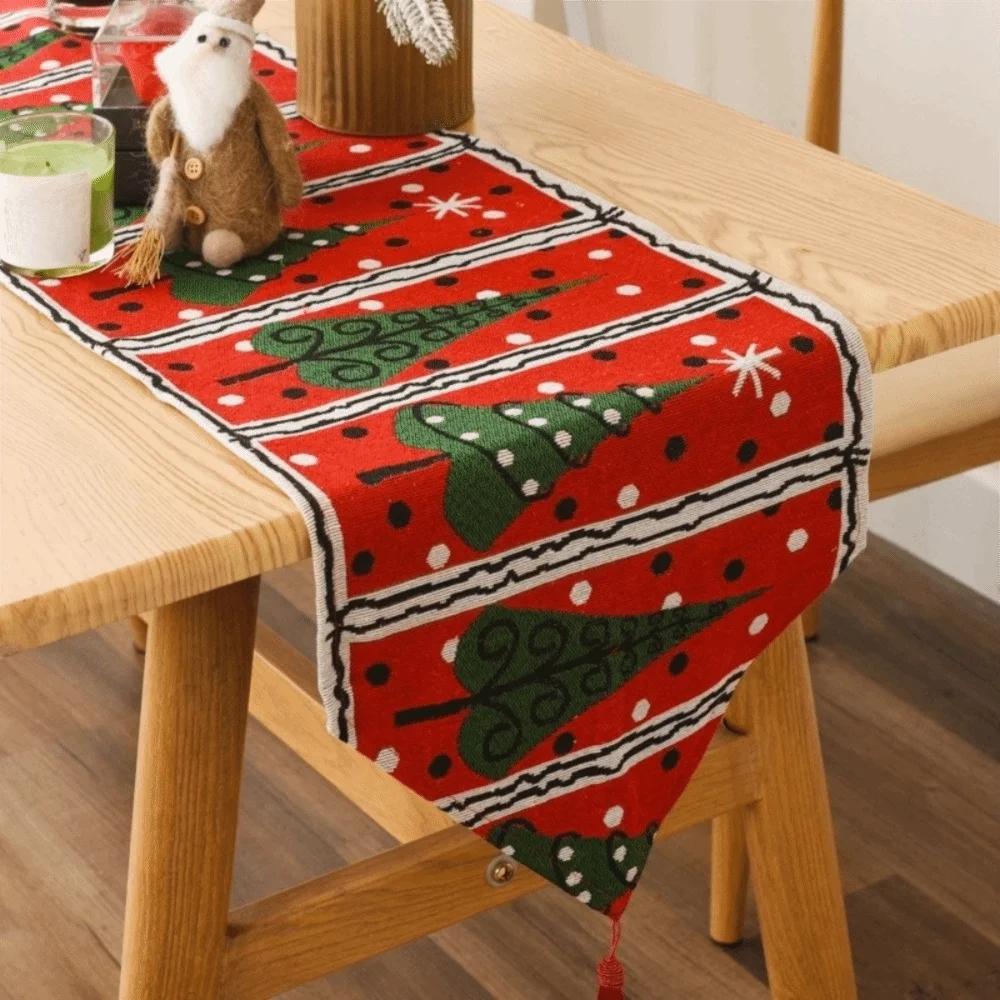

Durable Tassel Christmas Table Runner Snowman Printed Rectangle Table Cover Knitted Cloth Long Tablecloth Table Decoration