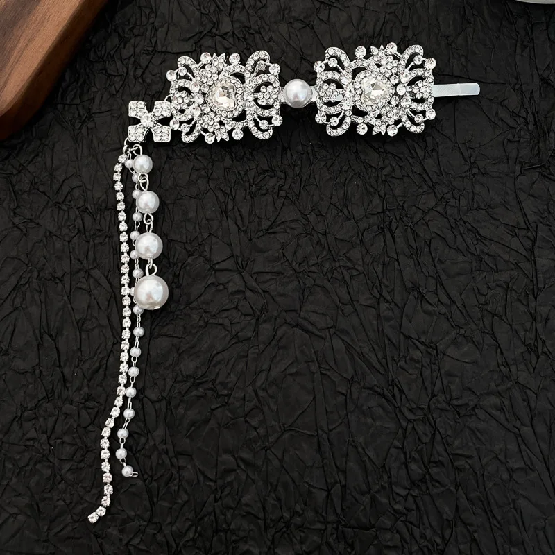 Full Rhinestones Imitation Pearls Long Tassel Ethnic Style Duckbill Hair Clips Bride\'s Wedding Headwear for Women New in 2026