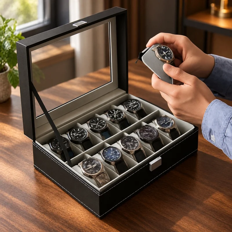 PU Leather Jewelry and Watch Organizer Box with Glass Lid, Multi-Compartment Storage Case for Men, 2 to 12 Slots Available