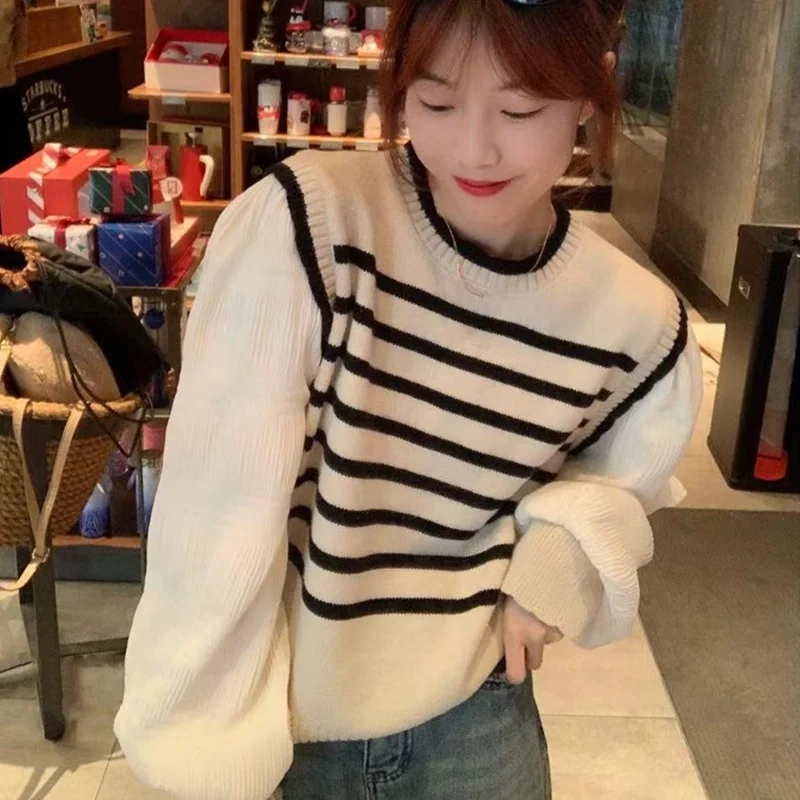 Women Long Puff Sleeve Patchwork Striped Fake Two-pieces Knitted Sweater Spring Autumn Korean Soft Glutinous Pullover Sweaters