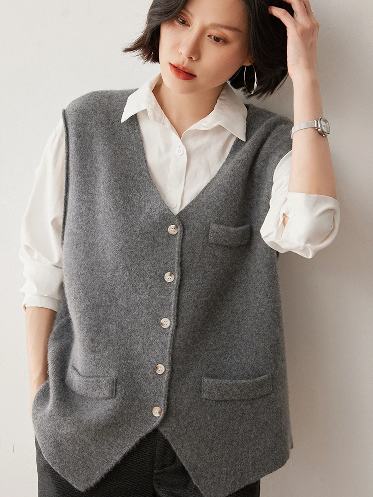 Autumn Winter Women Vest 100% Cashmere Sweater Cardigan Ladies V-Neck Sleeveless Knitted Cardigans Female Casual Tank Tops