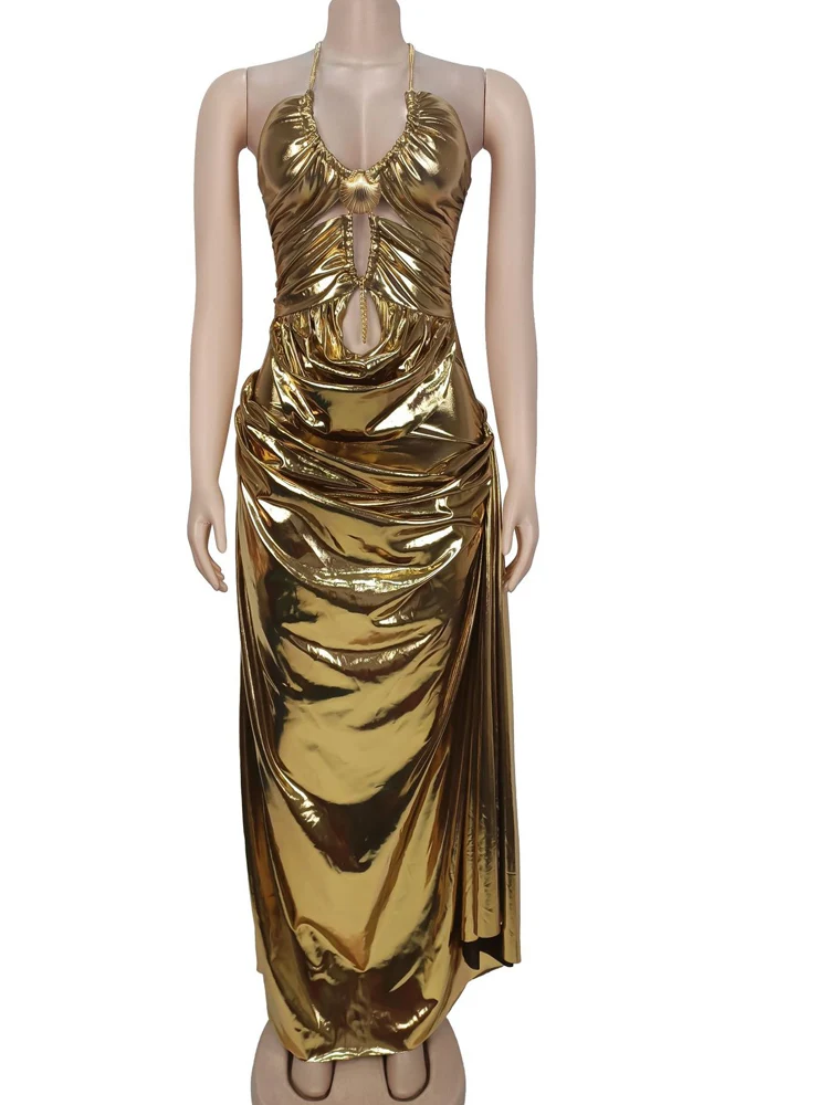 Kricesseen Sexy Women's Metallic Gold Halter Maxi Dress New Ladies Ruched Cut Out Backless Chain Detail Formal Party Gown