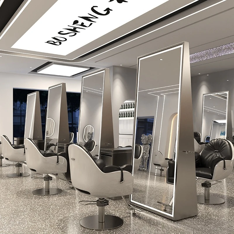 Internet celebrity barber shop mirror stainless steel single double-sided full body floor mirror with lamp hair salon special ha