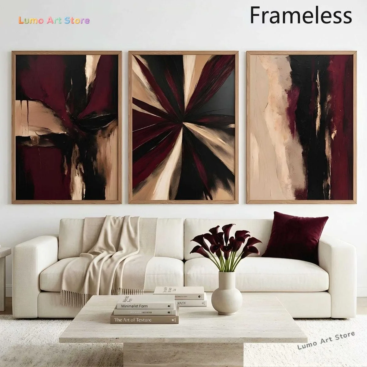 2D Flat, 3pcs Modern Abstract Vertical Wall Art Prints - Black Burgundy Frameless Canvas Poster Paintings Suitable for Living