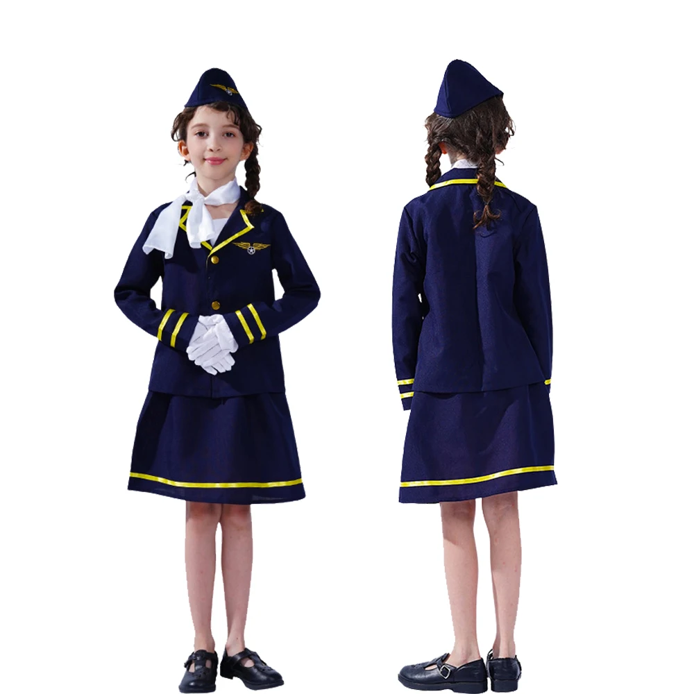 

Halloween Children Vintage Suit Dress Fashion Holiday Party Mini Dress Sets Flight Attendant Cosplay Performance Costume