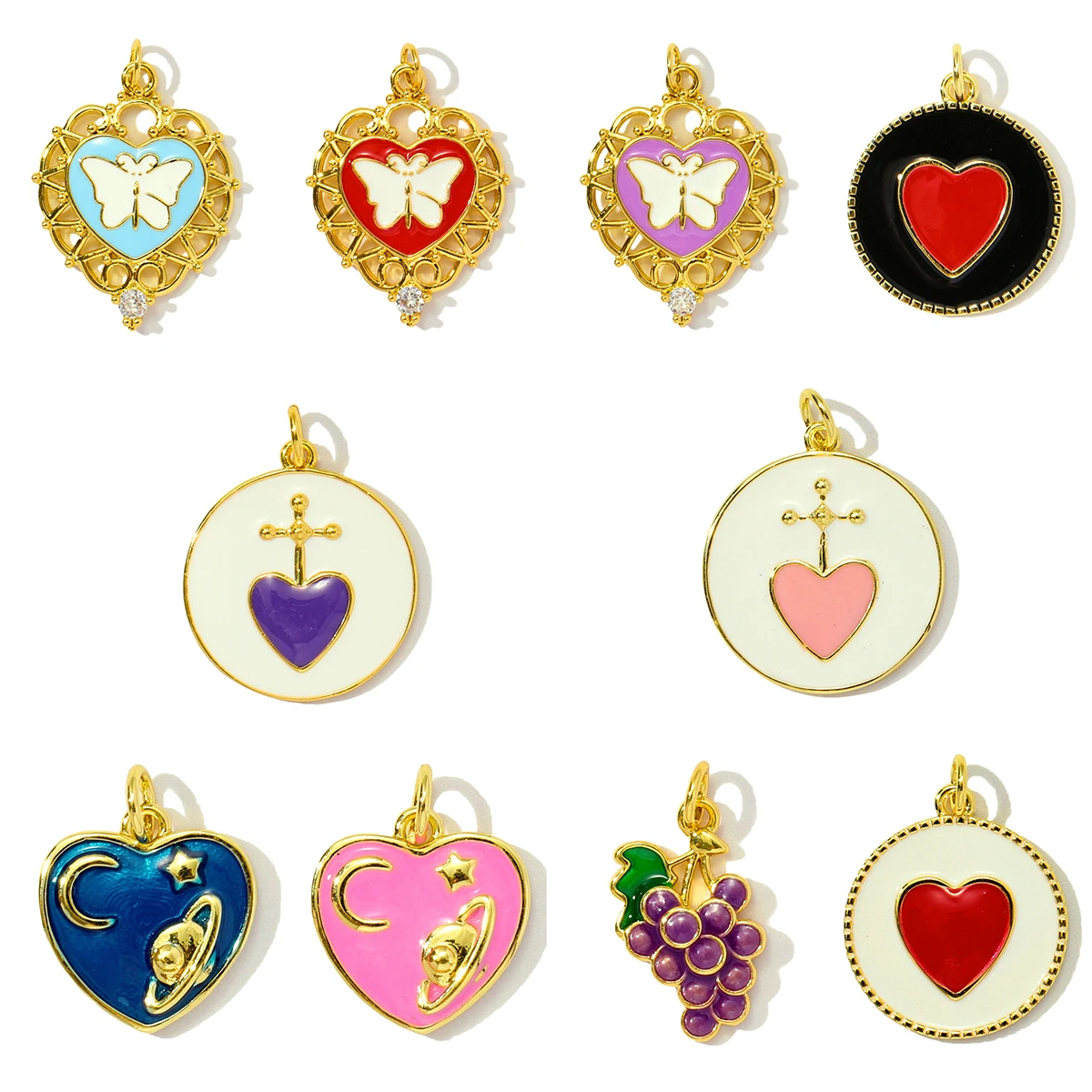3Pcs/Lot Copper Heart Butterfly Charms Enamel Pendants For DIY Jewelry Making Necklace Earring Accessory Wholesale
